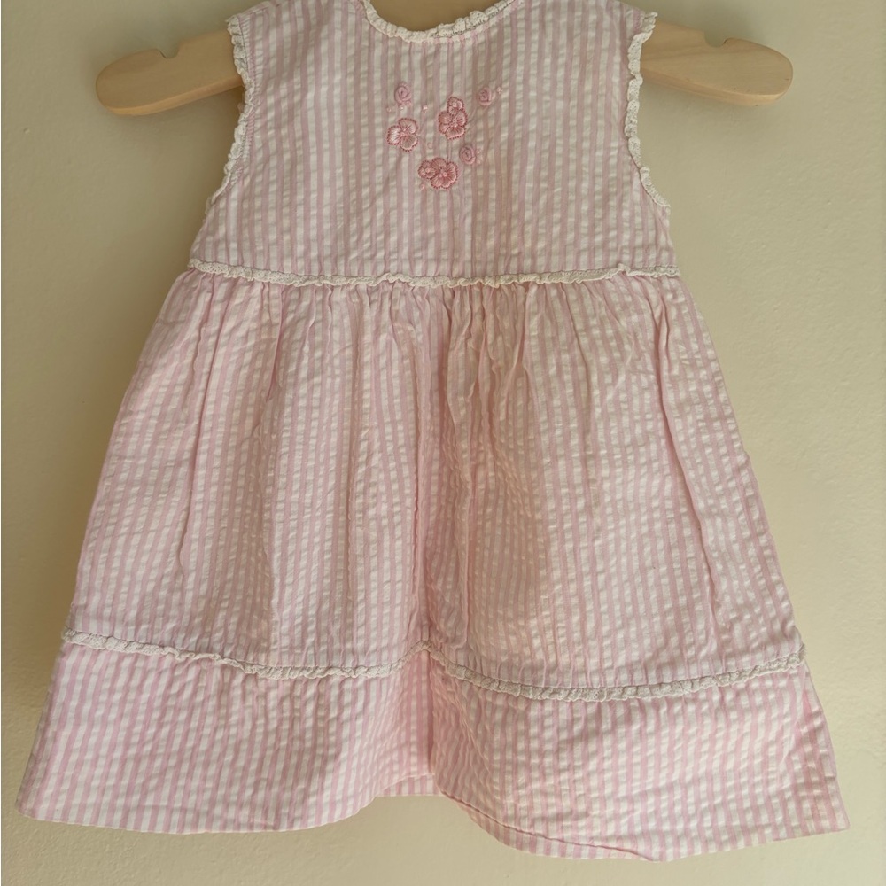 Vintage Pink Striped Baby Dress with Floral Embroidery size 6M